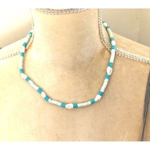 Beachy Teal & Cream Shell Bead Necklace 16" Handmade Heishi Style Coastal Boho